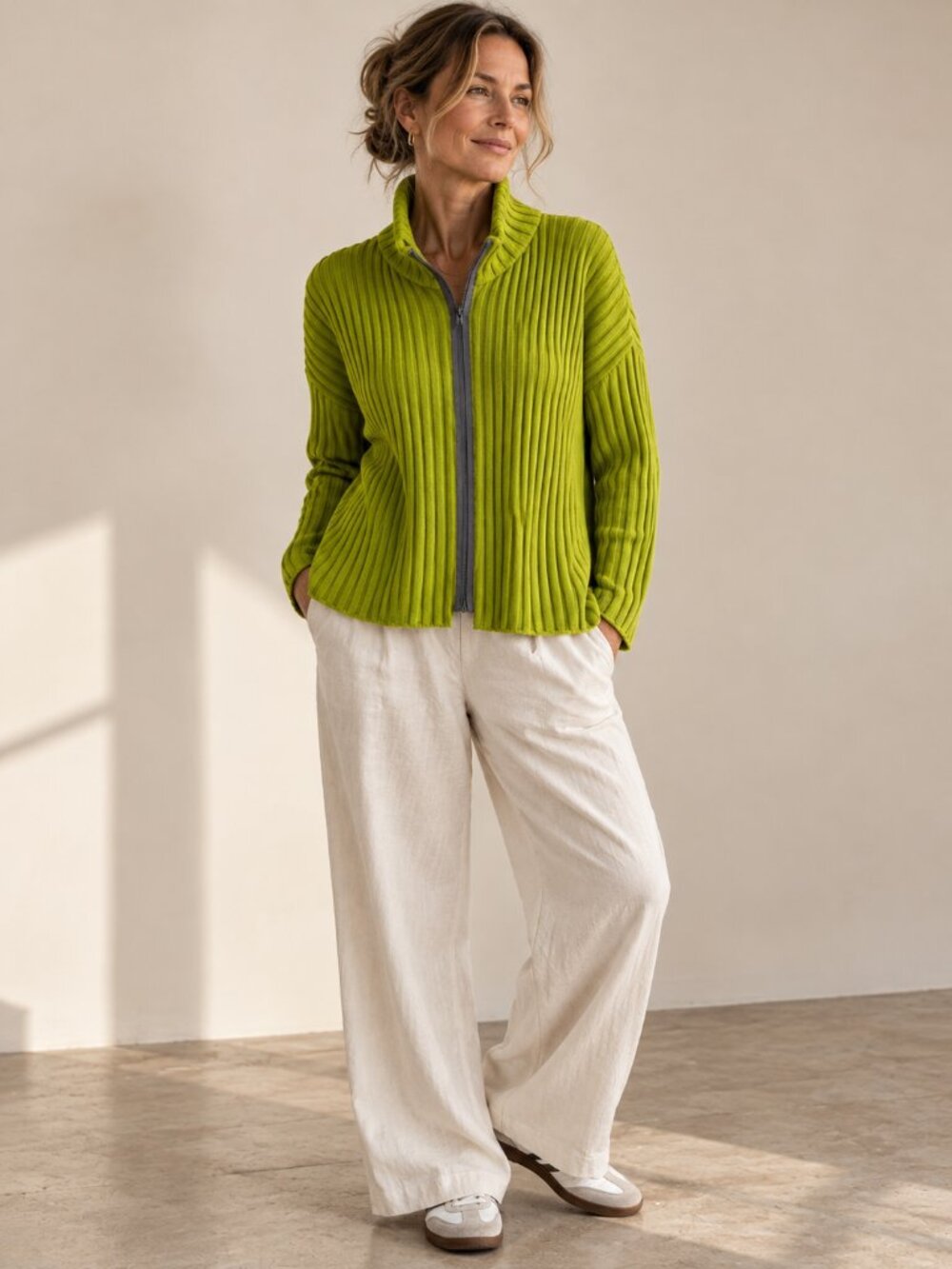 BRYN WALKER Chartreuse Ribbed Cotton Zip Sweater Lagenlook Artsy Chic Womens M